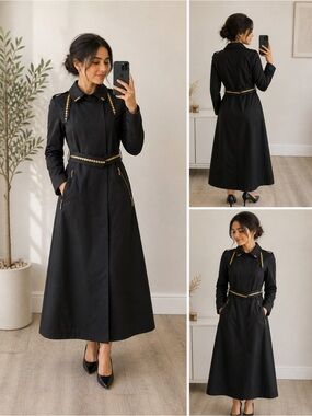 ARMINE Black Trench Coat Size 36 (US Small) Gold Stud Belt Long Jacket Modest